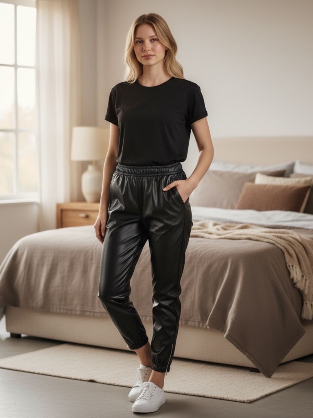 Avec Les Filles Black Faux Leather Jogger Pants M